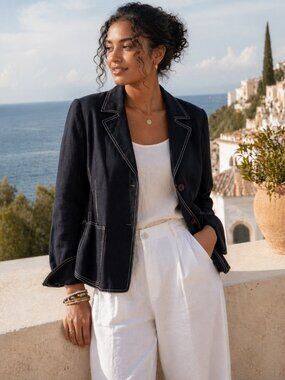 Irish Linen Talbots Blazer Black & White Contrast Stitching Resort Preppy Career